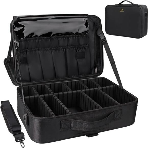 Large Makeup Train Case Travel Organizer Waterproof Cosmetic Bag With Strap - Picture 1 of 7